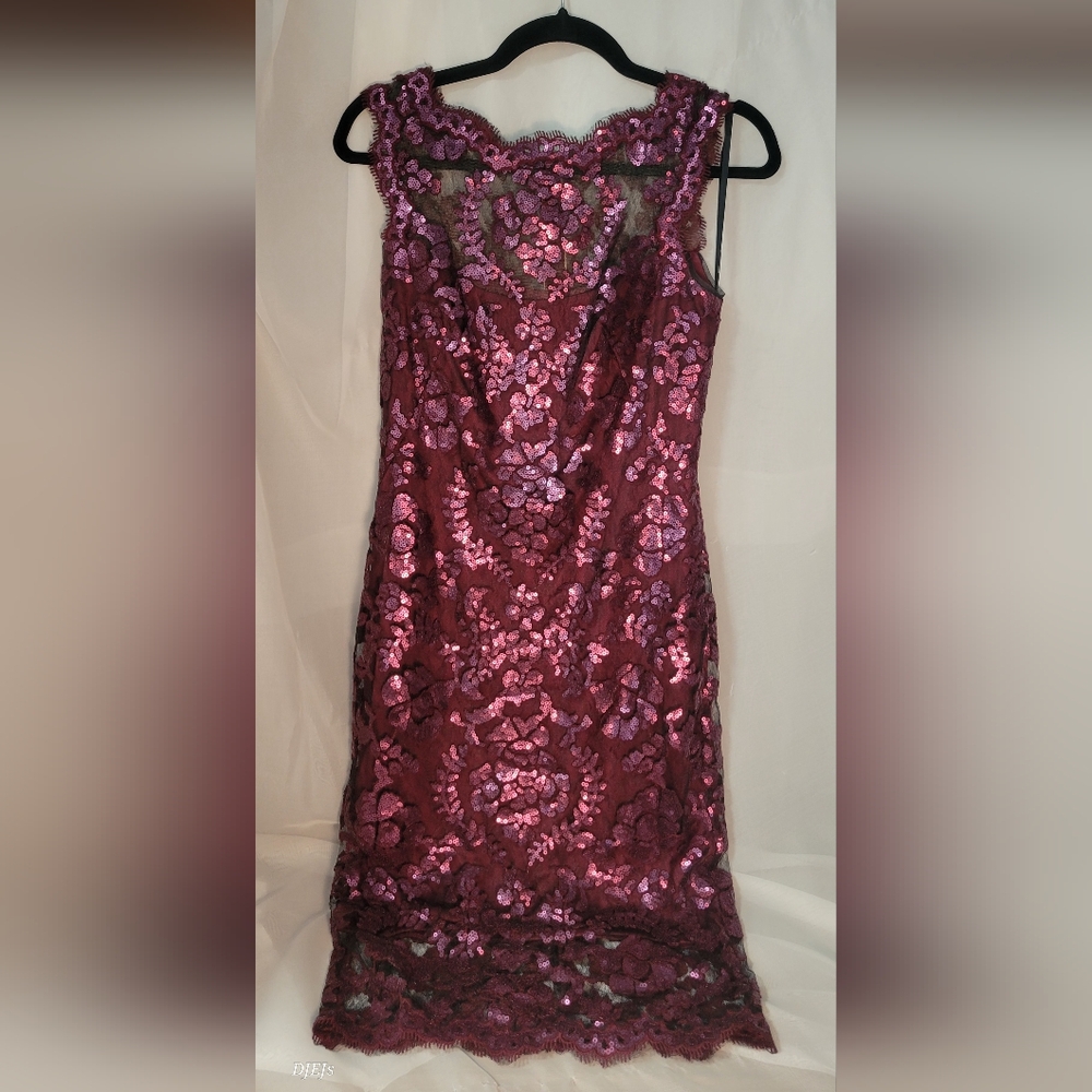 Tadashi Shoji Sequin Lace Dress in Burgundy and Pink